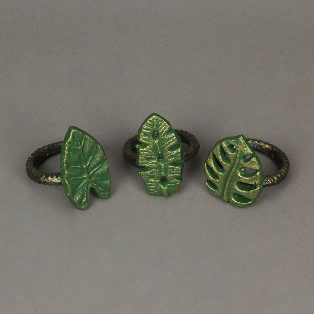 Set of 3 Green Bronze Cast Iron Tropical Leaf Napkin Rings